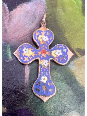 Antique French Floral champlevé Enamel on Brass Cross Pendant